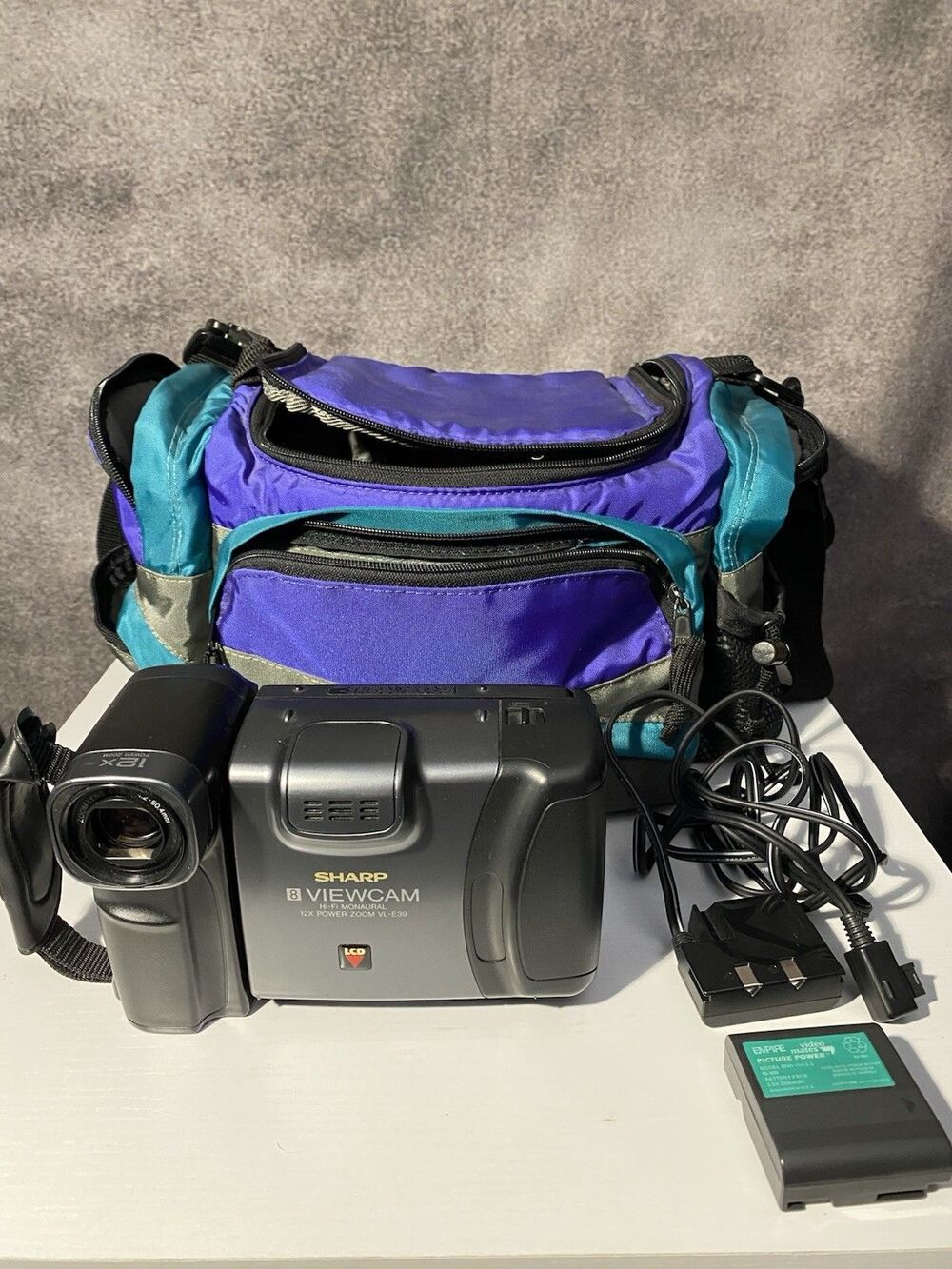 Sharp Viewcam VL-E39U 8mm Camcorder Bundle Untested Vintage Mustang Bag Pack